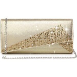 Women's Gold New Satin Rhinestone Evening Clutch Bag Sparkle Glitter Purse